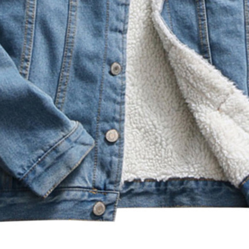 Women's Denim Coat with Large Hair Collar Winter Thick Warm Fleece Lined  Button Down Hooded Jacket Overcoat Casual Loose Padded Jacket - Walmart.com